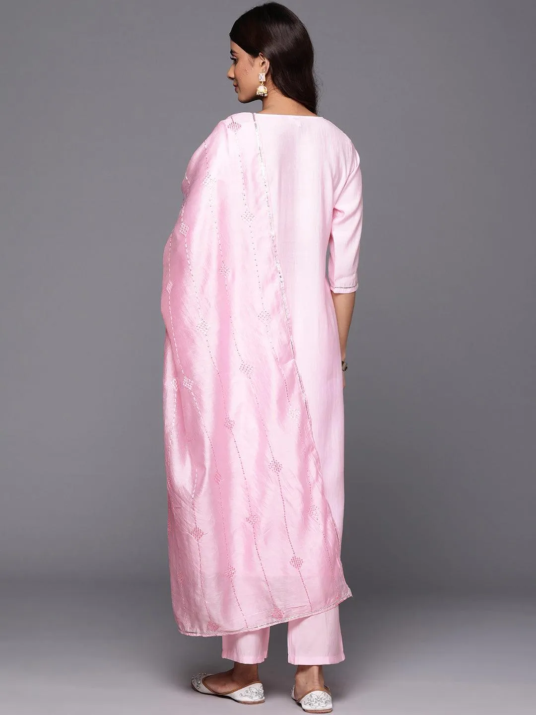 Pink Yoke Design Silk Blend Straight Suit With Dupatta