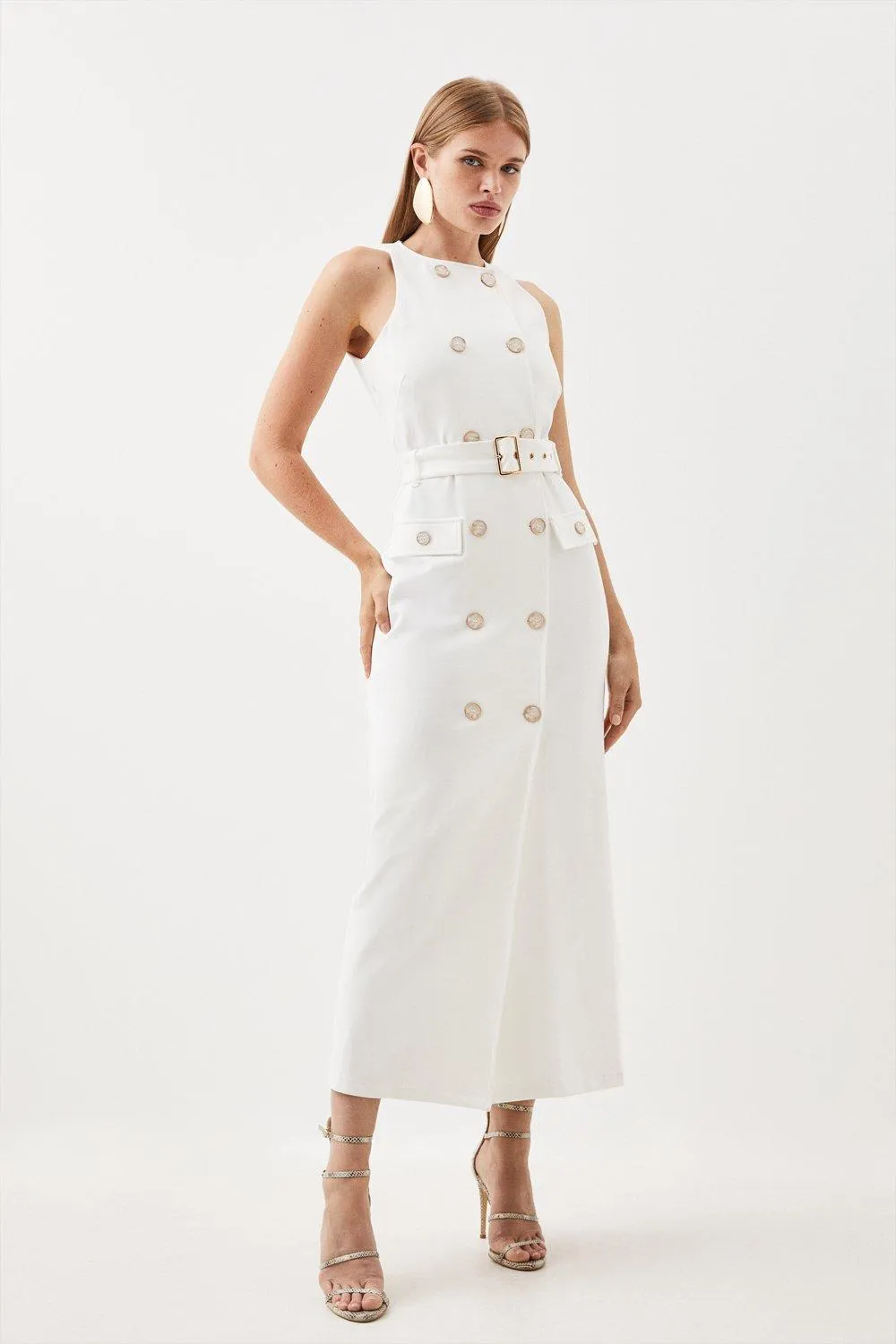 Ponte Button Detail Belted Midaxi Dress | Karen Millen