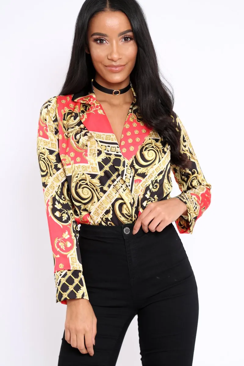 Red and Gold Scarf Print Satin Plunge Bodysuit - Moniqua