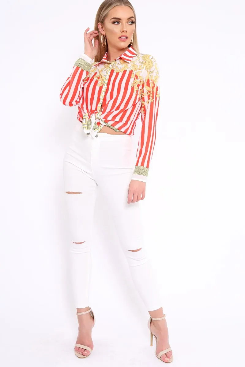 Red and White Striped Shirt with Gold Scarf Print Detail - Jalana