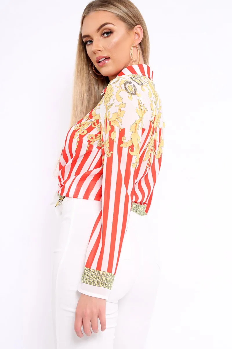 Red and White Striped Shirt with Gold Scarf Print Detail - Jalana