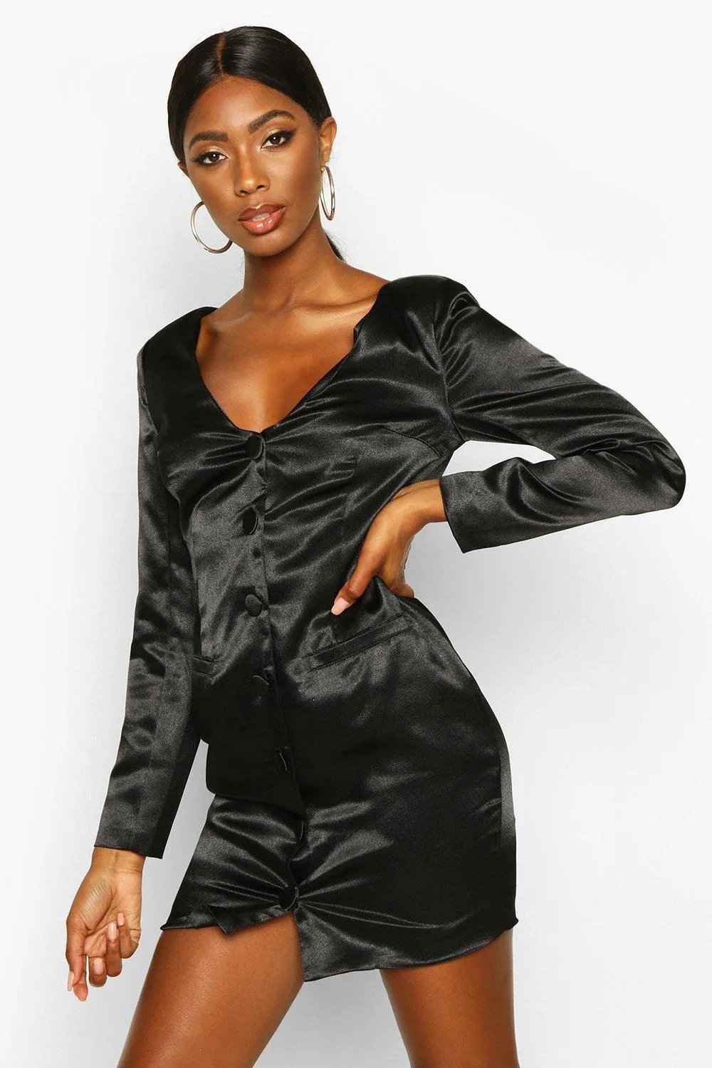 Satin Off The Shoulder Button Detail Blazer Dress