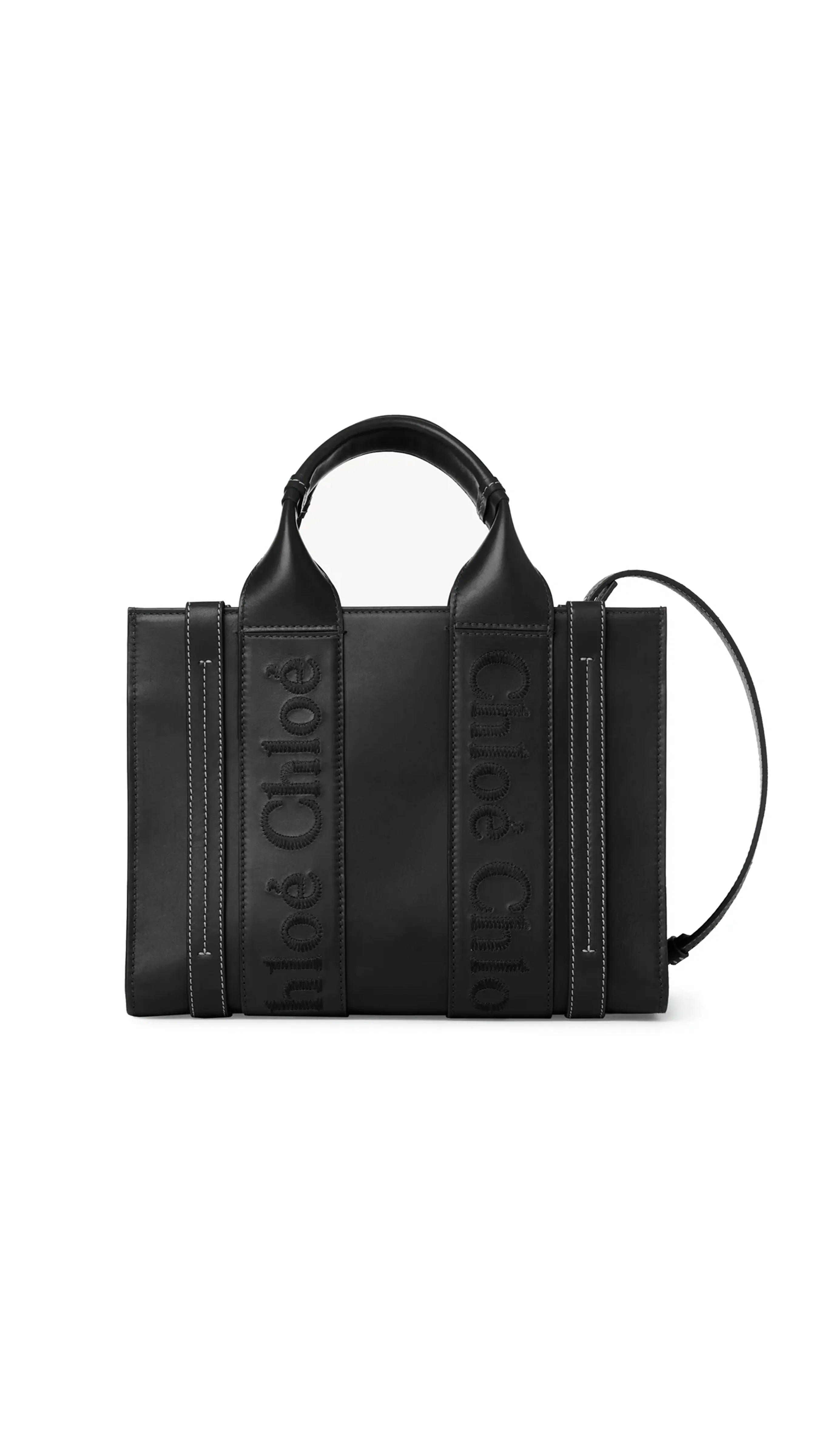 Small Woody Tote Bag in Smooth Calfskin- Black