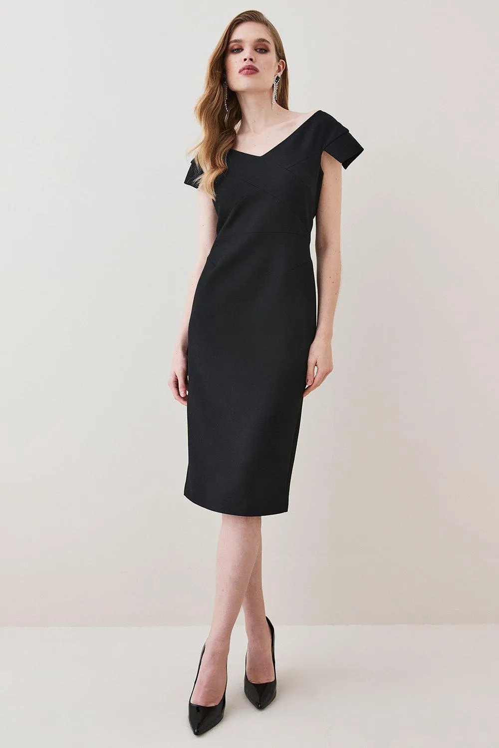 Structured Crepe Tailored Cross Detail Midi Dress | Karen Millen