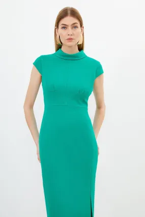 Tailored Structured Crepe High Neck Cap Sleeve Midi Dress | Karen Millen