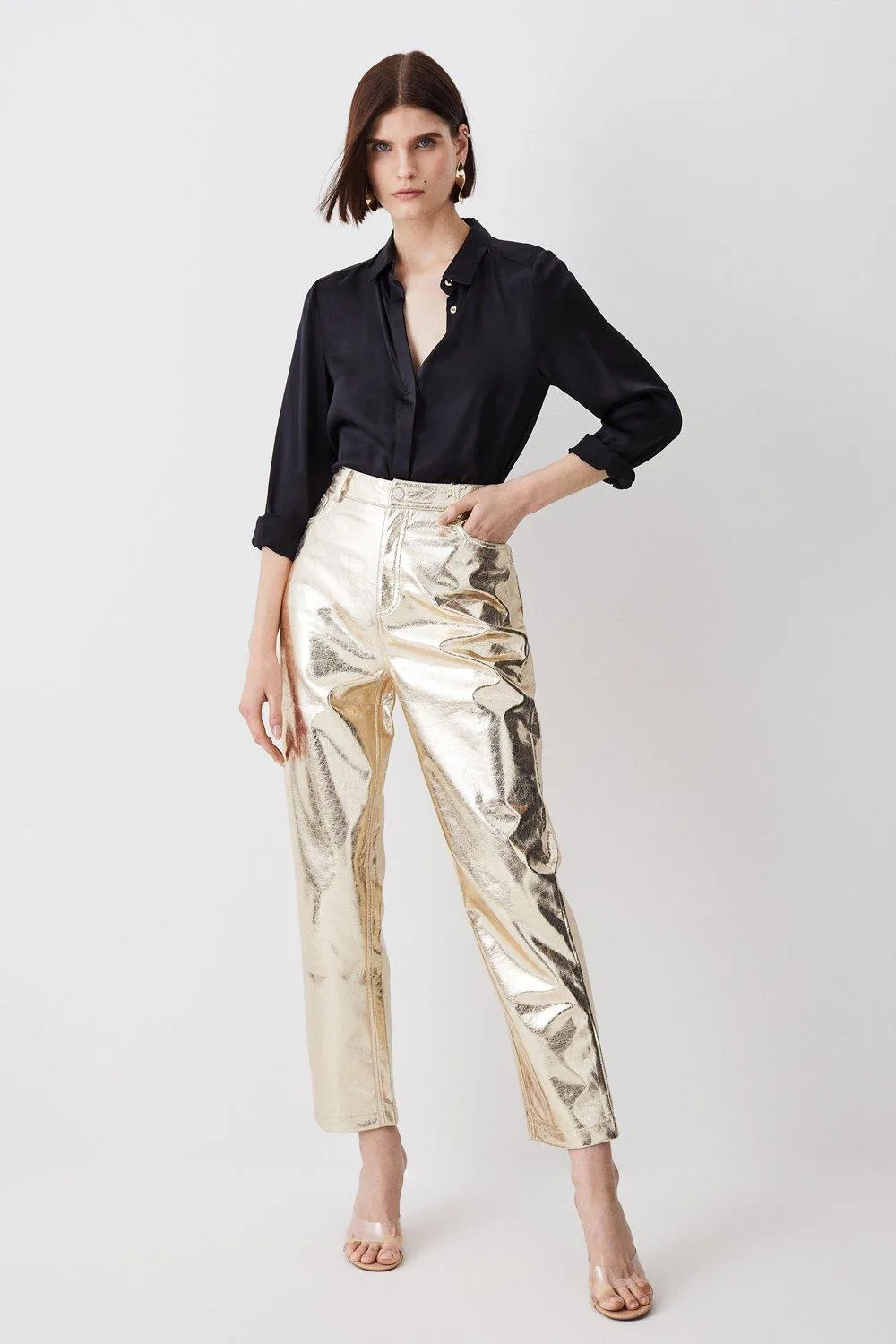 Tall Metallic Faux Leather Straight Leg Trouser | Karen Millen