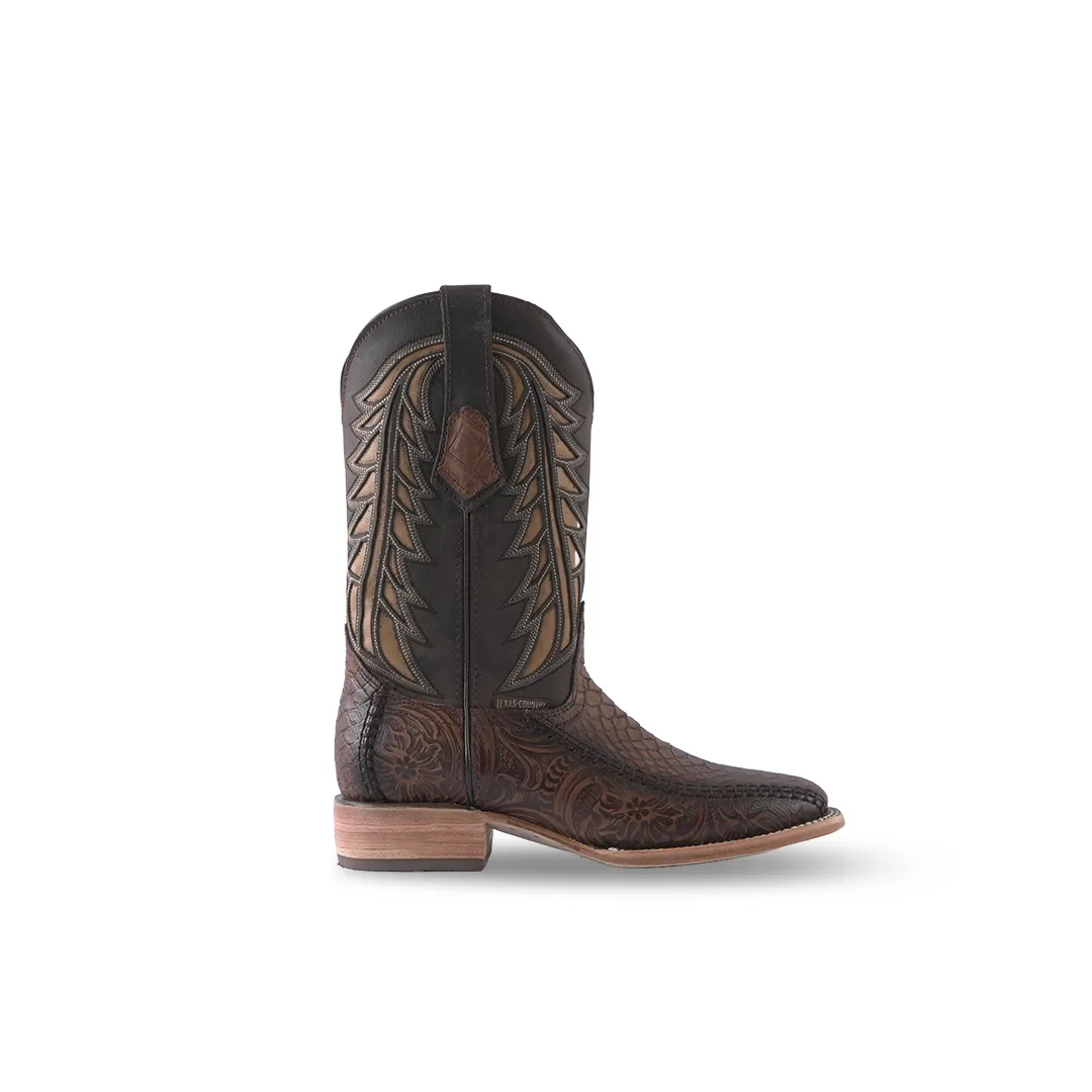 Texas Country Boot Python Cincelado Cafe E680 Square Toe