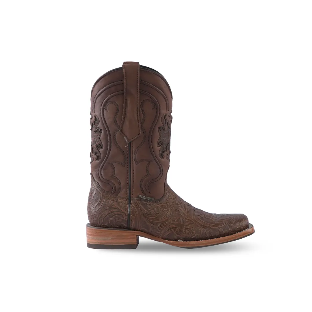 Texas Country Western Boot Cincelado Flores Cafe Rodeo Toe E636