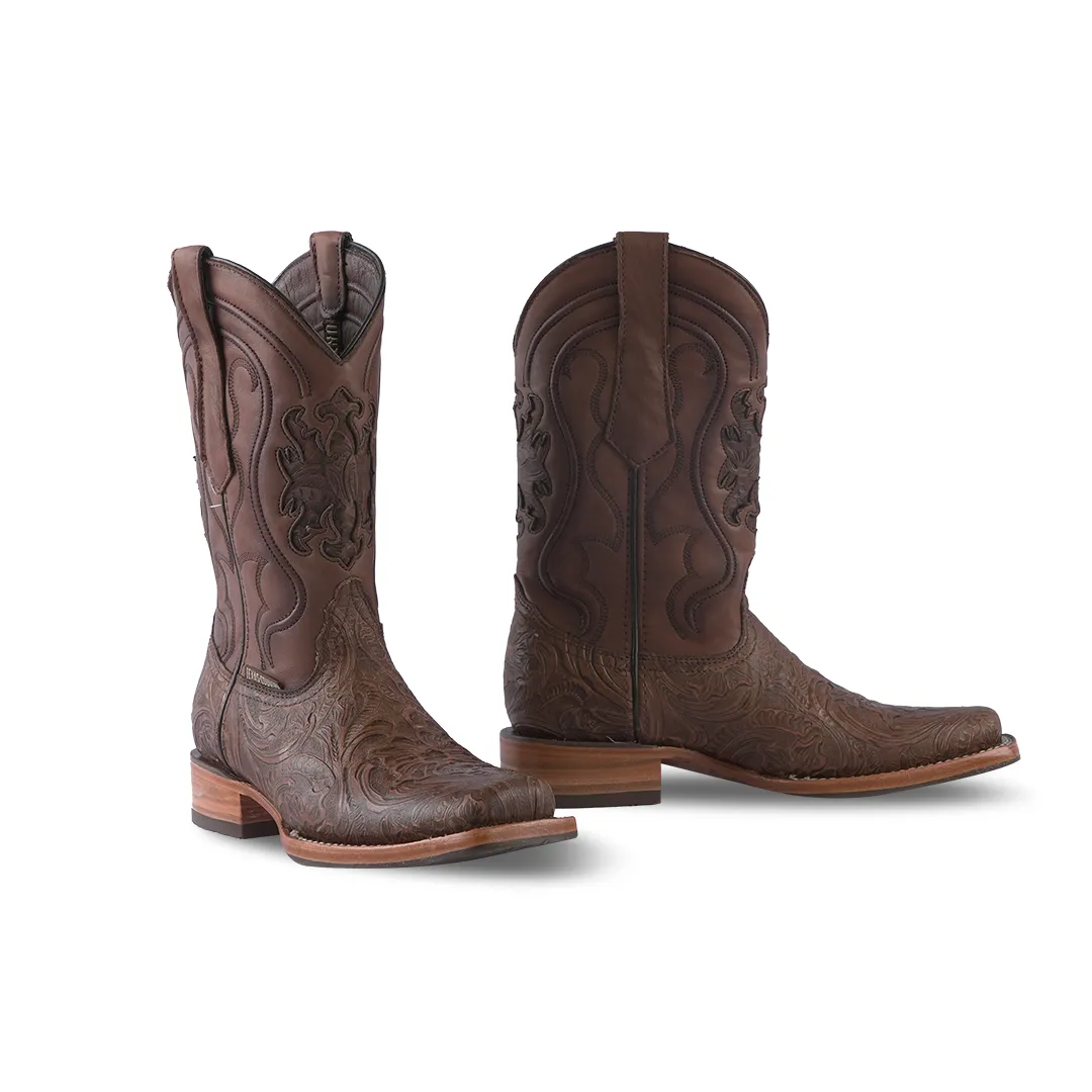 Texas Country Western Boot Cincelado Flores Cafe Rodeo Toe E636