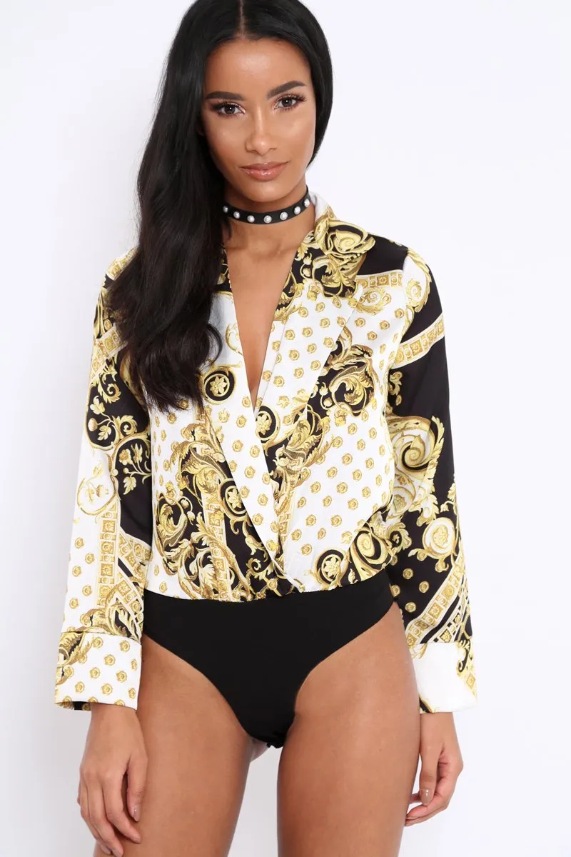 White and Gold Scarf Print Satin Plunge Bodysuit - Moniqua