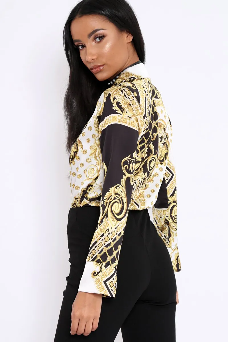 White and Gold Scarf Print Satin Plunge Bodysuit - Moniqua