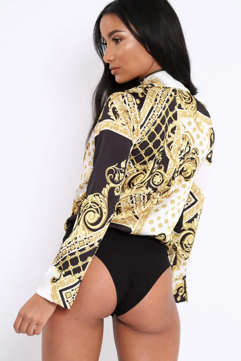 White and Gold Scarf Print Satin Plunge Bodysuit - Moniqua