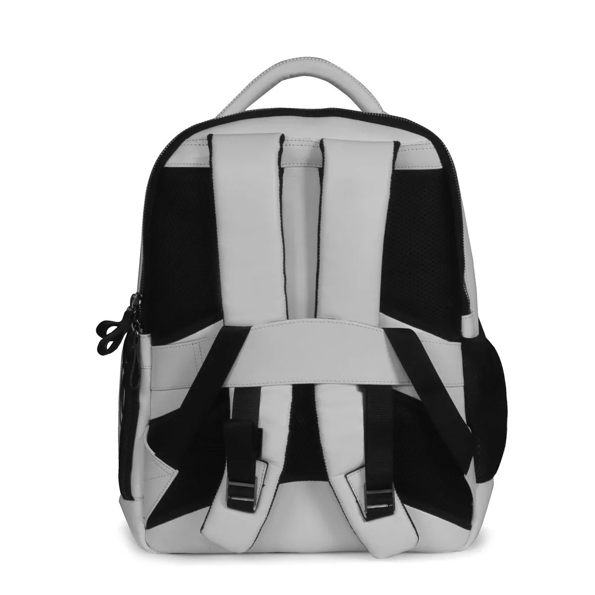 White Leather Multi-Pocket Backpack With Embossed Lion Logo