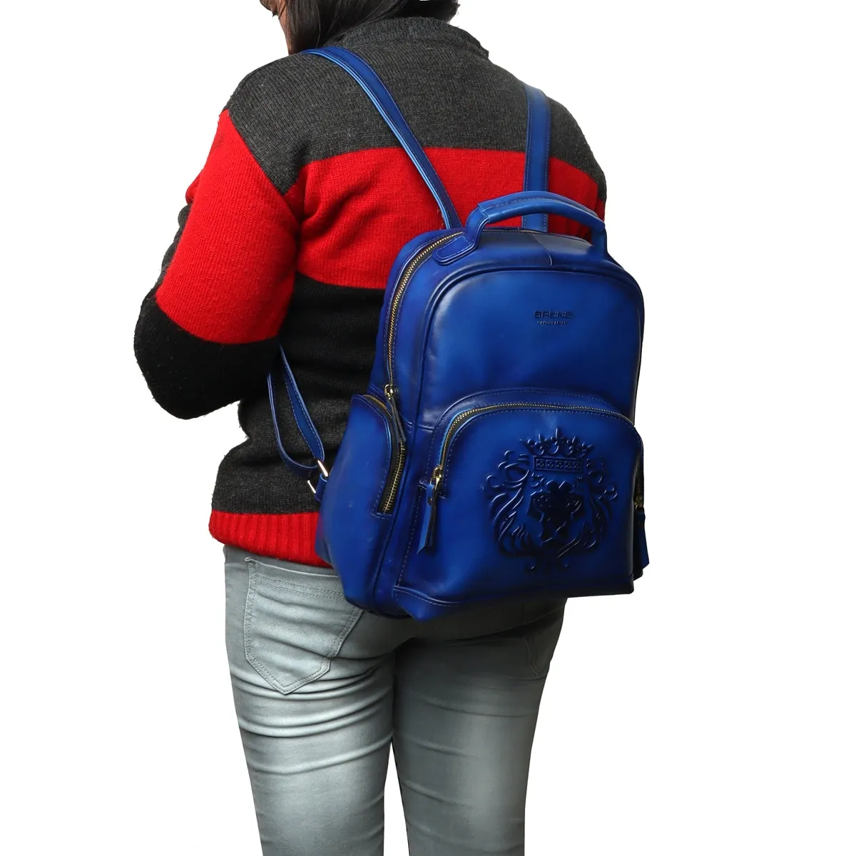 Women Travel-College Backpack in Blue Leather with Signature Lion By Brune & Bareskin