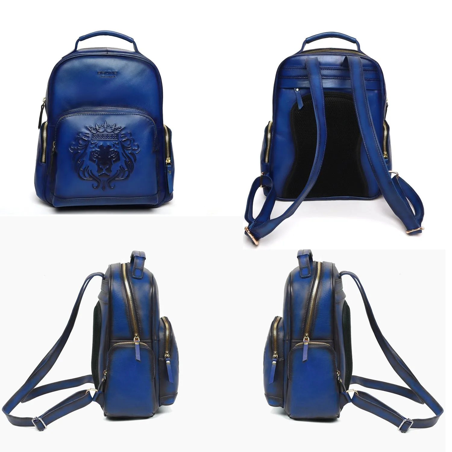 Women Travel-College Backpack in Blue Leather with Signature Lion By Brune & Bareskin